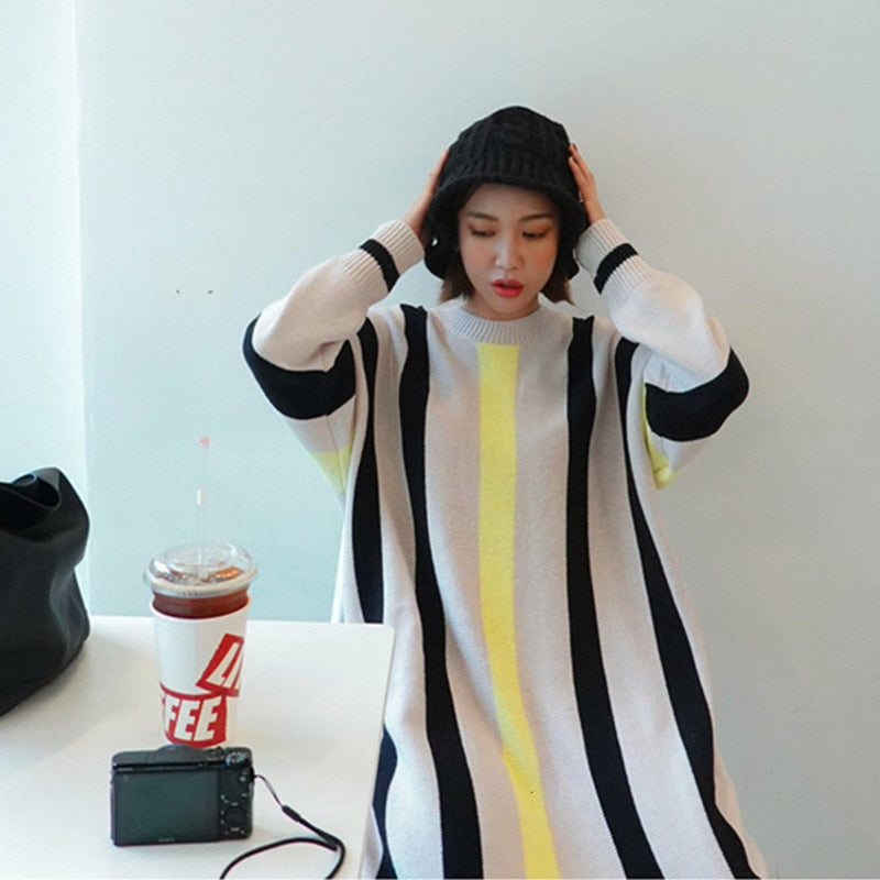 Loose Striped Knitted Sweater Dress