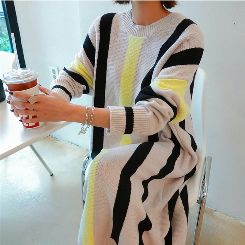 Loose Striped Knitted Sweater Dress