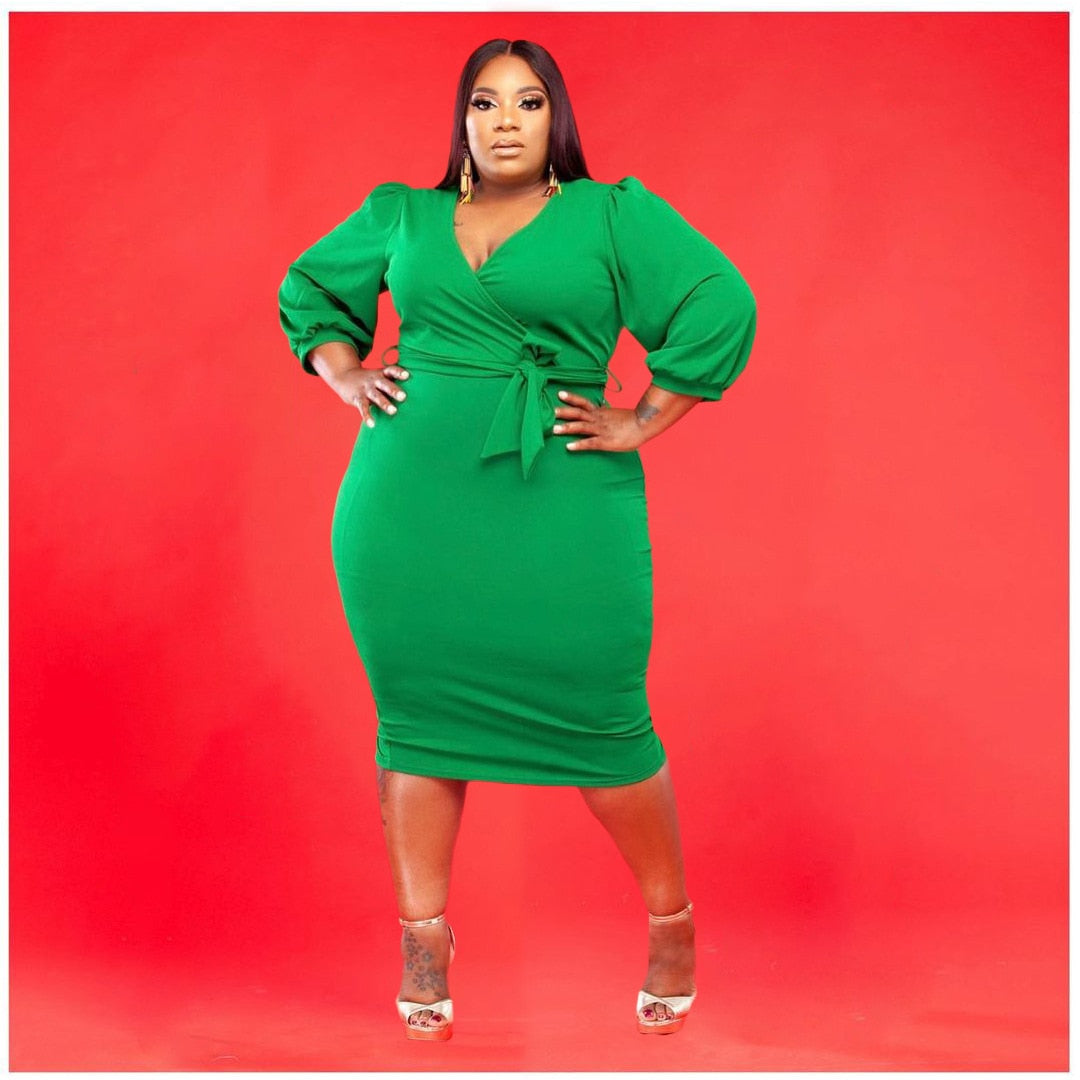 Elegant Long Sleeve Plus Size Deep V Lace Up Midi Bodycon - Plus Size Dress