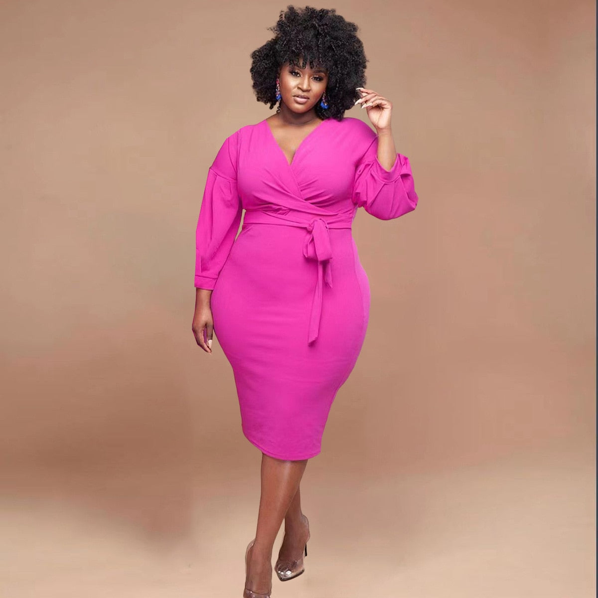 Elegant Long Sleeve Plus Size Deep V Lace Up Midi Bodycon - Plus Size Dress