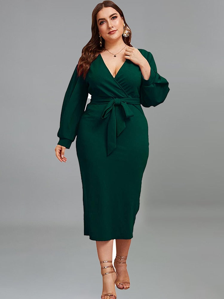 Elegant Long Sleeve Plus Size Deep V Lace Up Midi Bodycon - Plus Size Dress