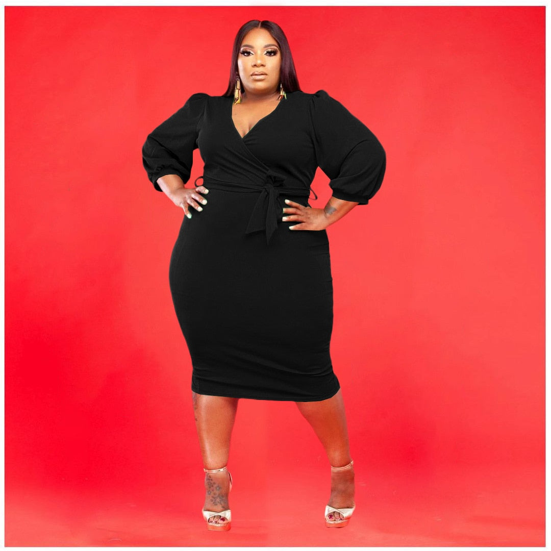 Elegant Long Sleeve Plus Size Deep V Lace Up Midi Bodycon - Plus Size Dress