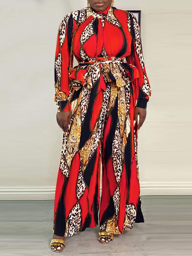 Printed Blouse and Long Wide Leg Trouser Sets 2PCS