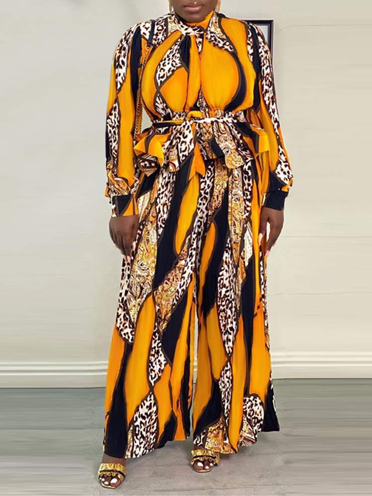 Printed Blouse and Long Wide Leg Trouser Sets 2PCS
