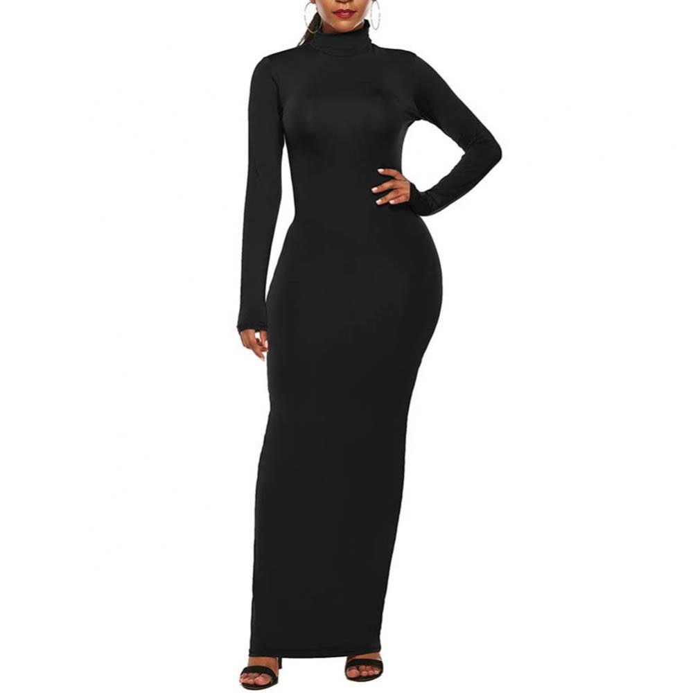 Long Sleeve Turtle Neck Stretchy Bodycon Long Dress - Azahshopping