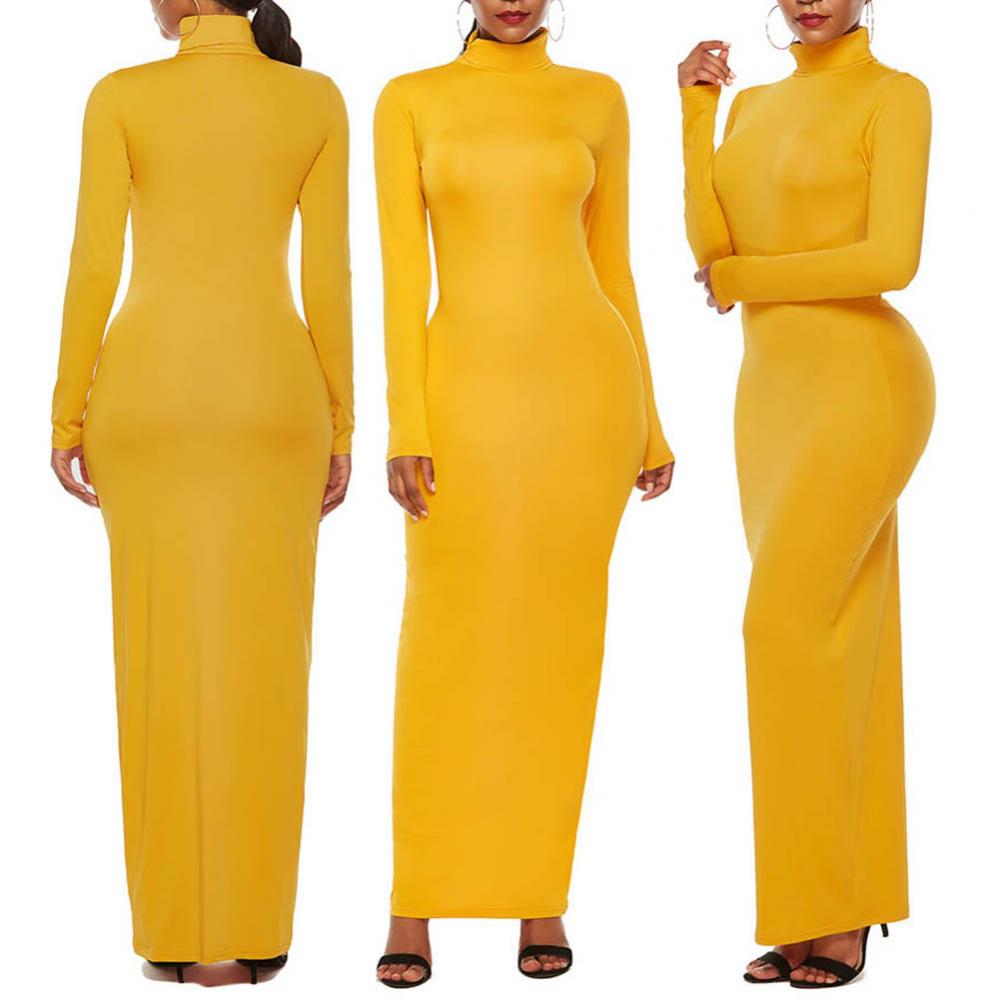 Long Sleeve Turtle Neck Stretchy Bodycon Long Dress - Azahshopping