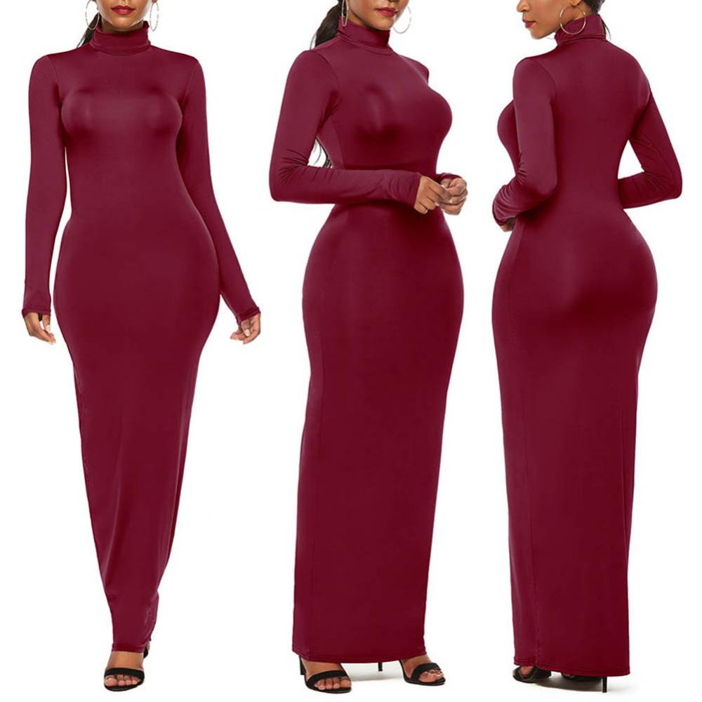 Long Sleeve Turtle Neck Stretchy Bodycon Long Dress - Azahshopping