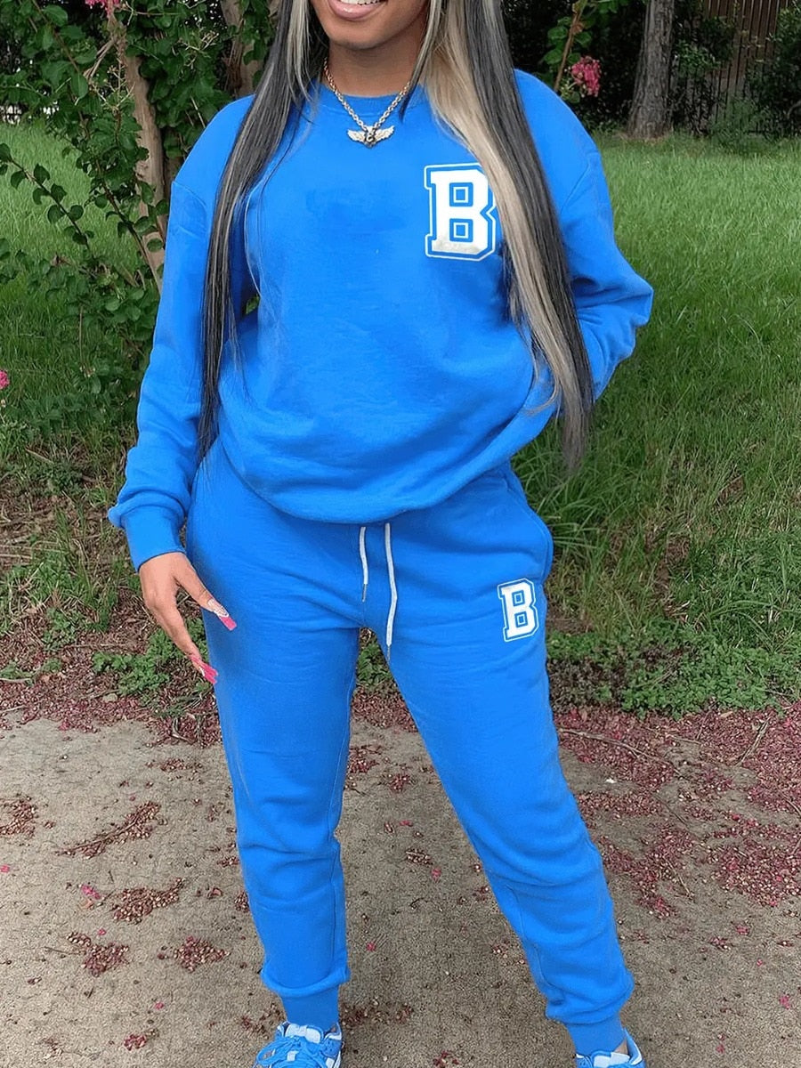 Round Neck Letter Print Tracksuit – Blue Two-Piece Set