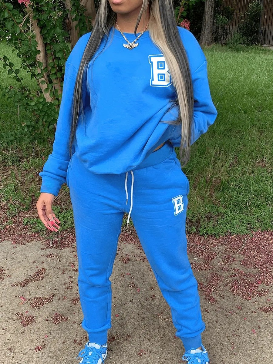 Round Neck Letter Print Tracksuit – Blue Two-Piece Set