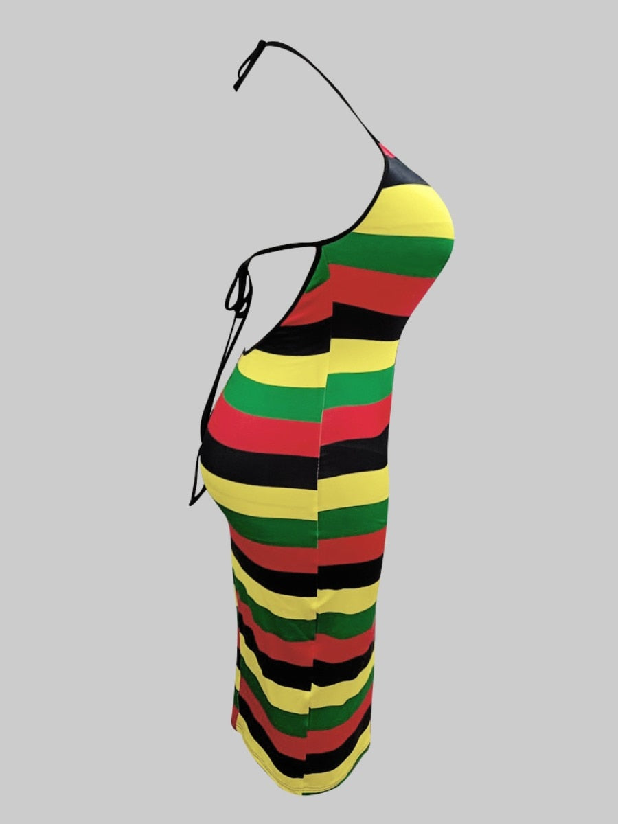Plus Size Striped Backless Sheath Dress – Sleeveless, Square Collar with Wrapped Skirt