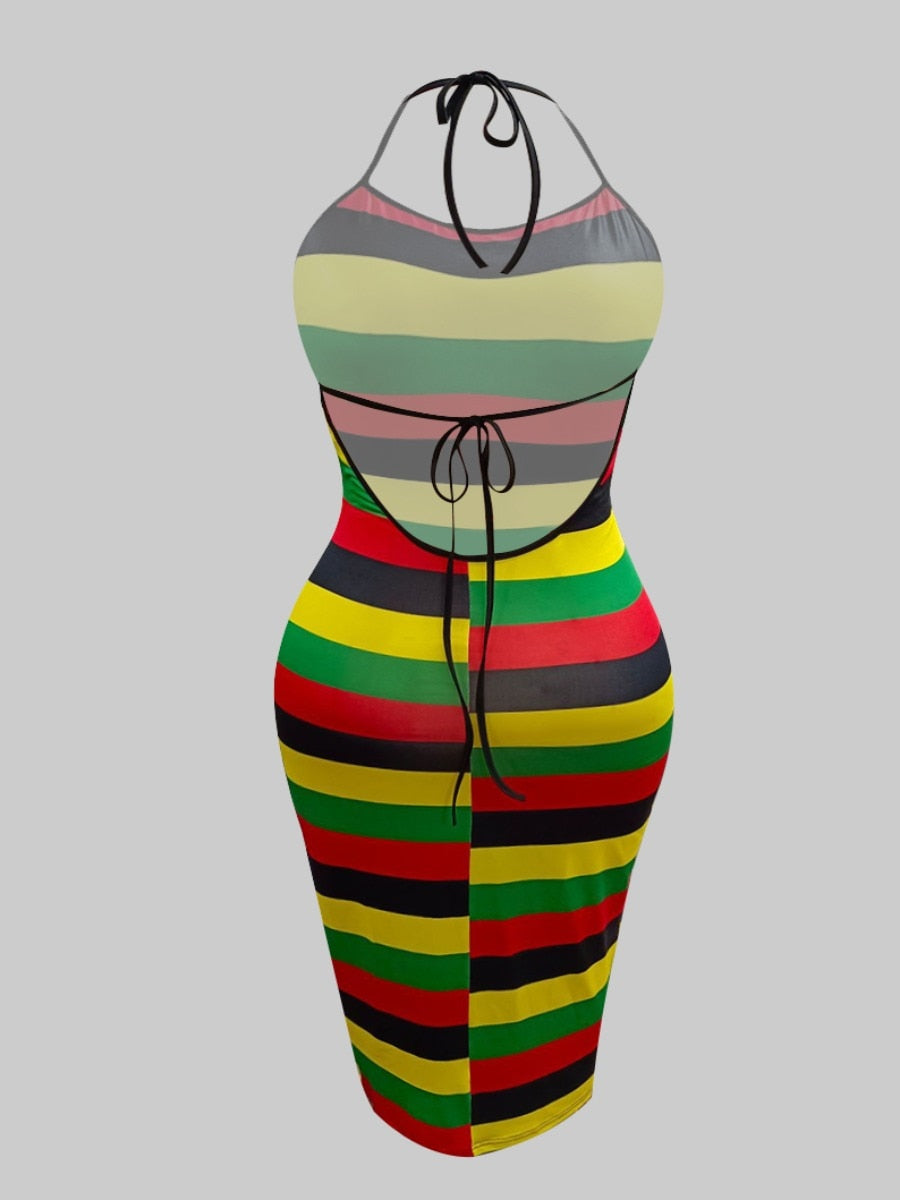 Plus Size Striped Backless Sheath Dress – Sleeveless, Square Collar with Wrapped Skirt