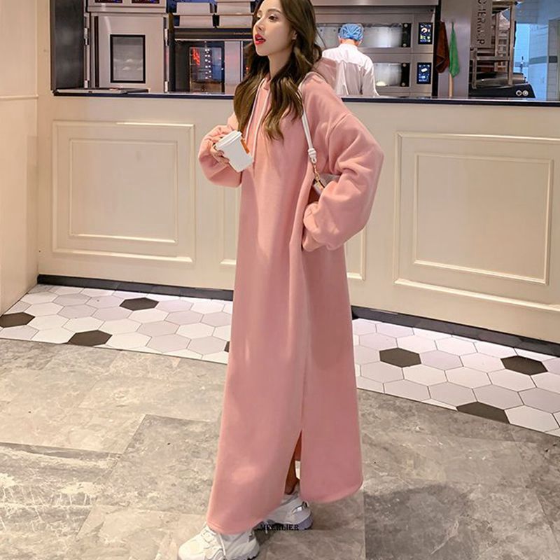 Hoodied Loose Waist Long Sleeve Long Dress