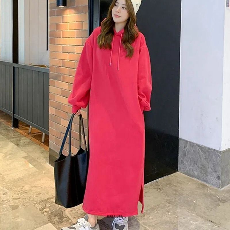 Hoodied Loose Waist Long Sleeve Long Dress