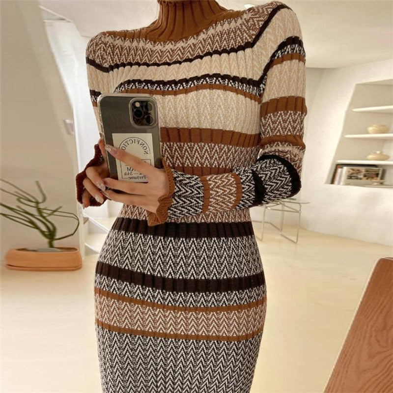 Gentle Wind Striped Waist Long Knitted Dress