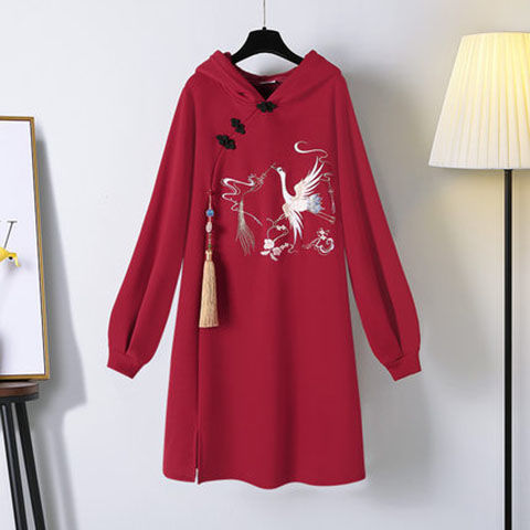 Long Sleeve Embroidery Chinese Style Hoodies Dress