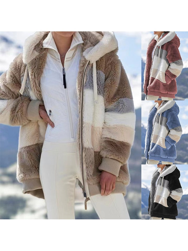 Hooded Warm Patchwork Color Zipper Pocket Jacket - Azahshopping