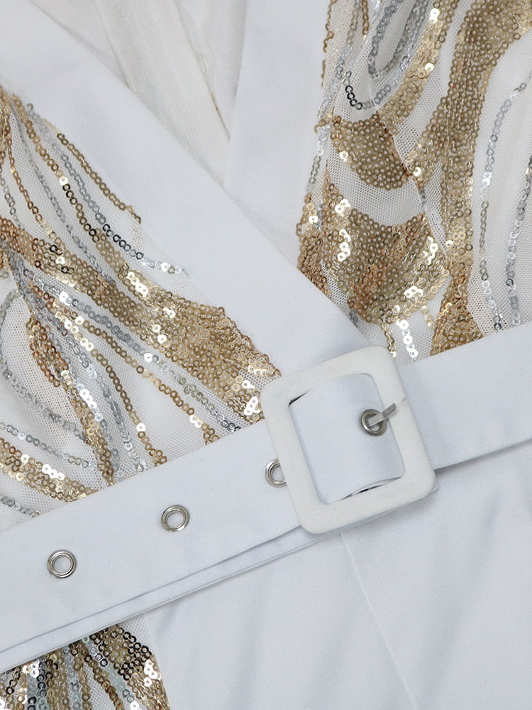 Long Sleeve Glitter Shiny Wide Leg One Piece Overall with Belt