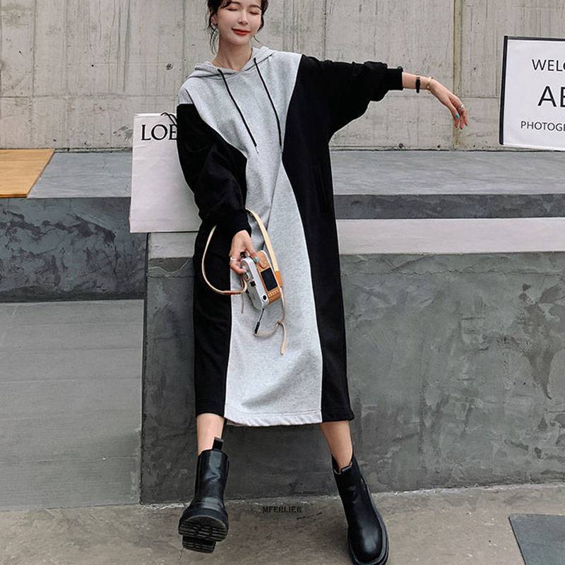 Hooded Long Loose Patchwork Sweatshirt Dress