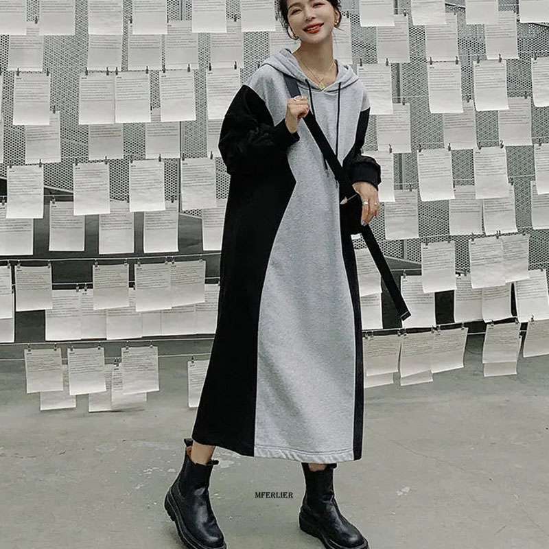 Hooded Long Loose Patchwork Sweatshirt Dress