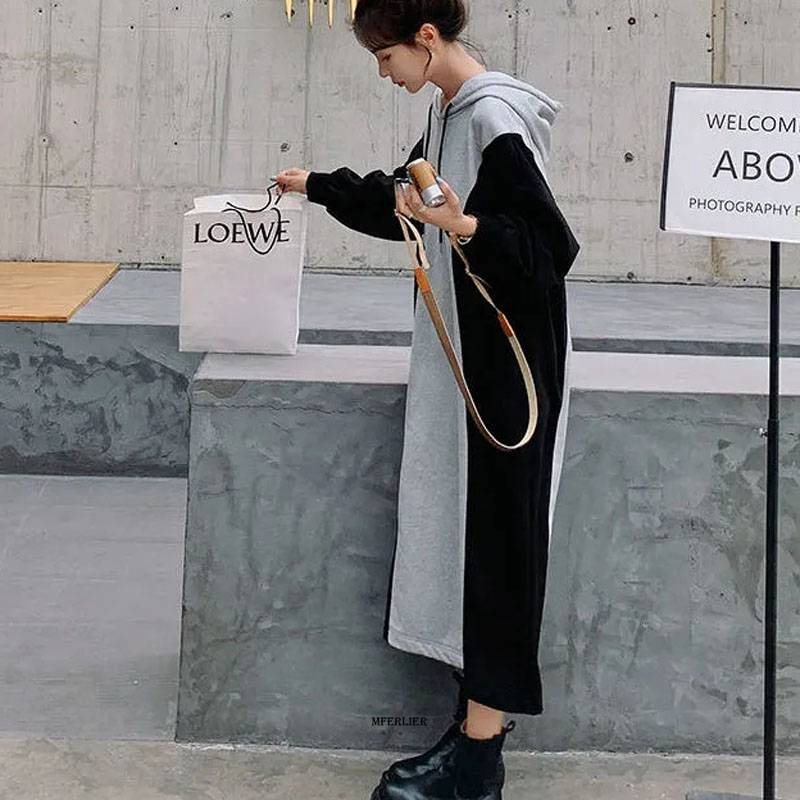 Hooded Long Loose Patchwork Sweatshirt Dress