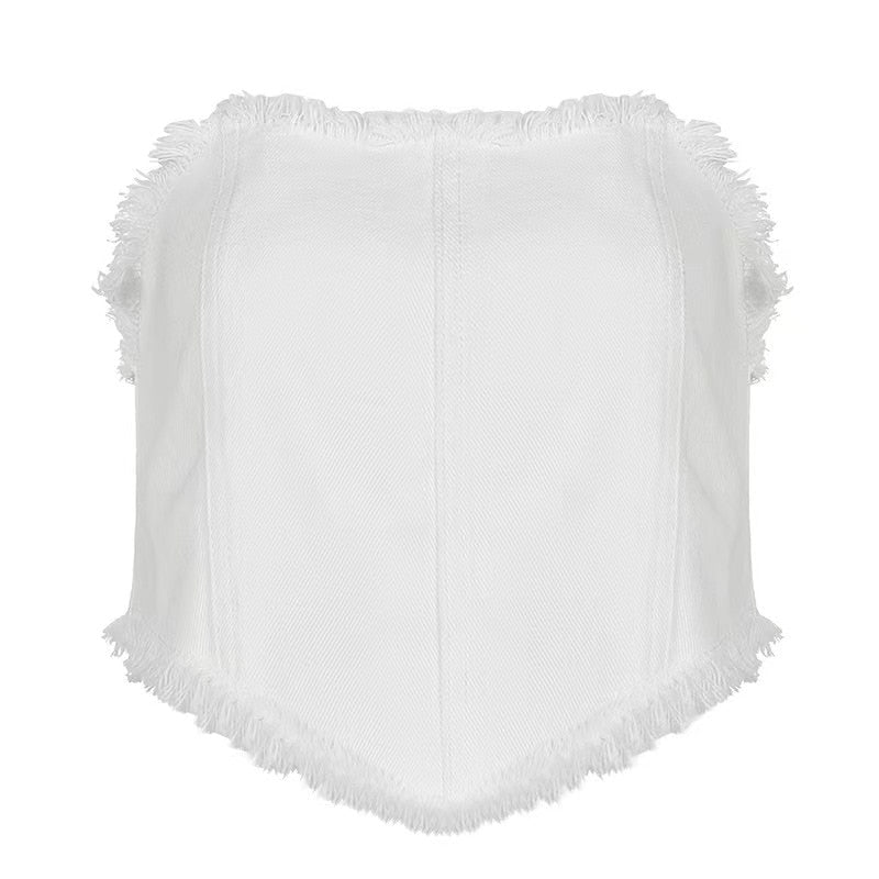 Strapless Slim Fit Crop Top White Denim Vest