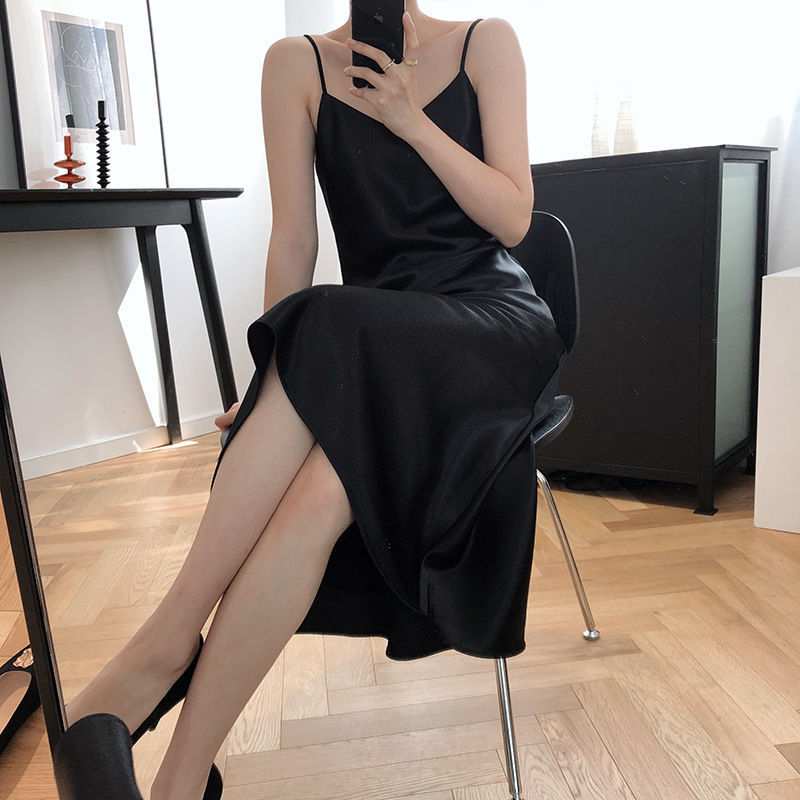 Lace Long Skirt Plus Size Satin Silk Black Dress