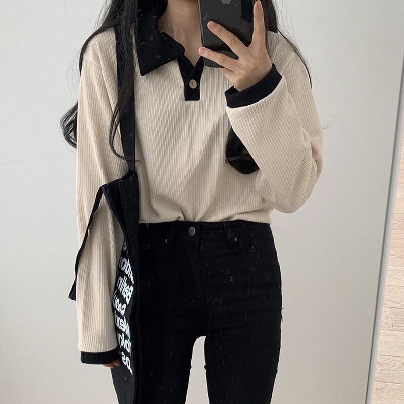 Patchwork Simple Design Turn Down Collar Sweatshirt