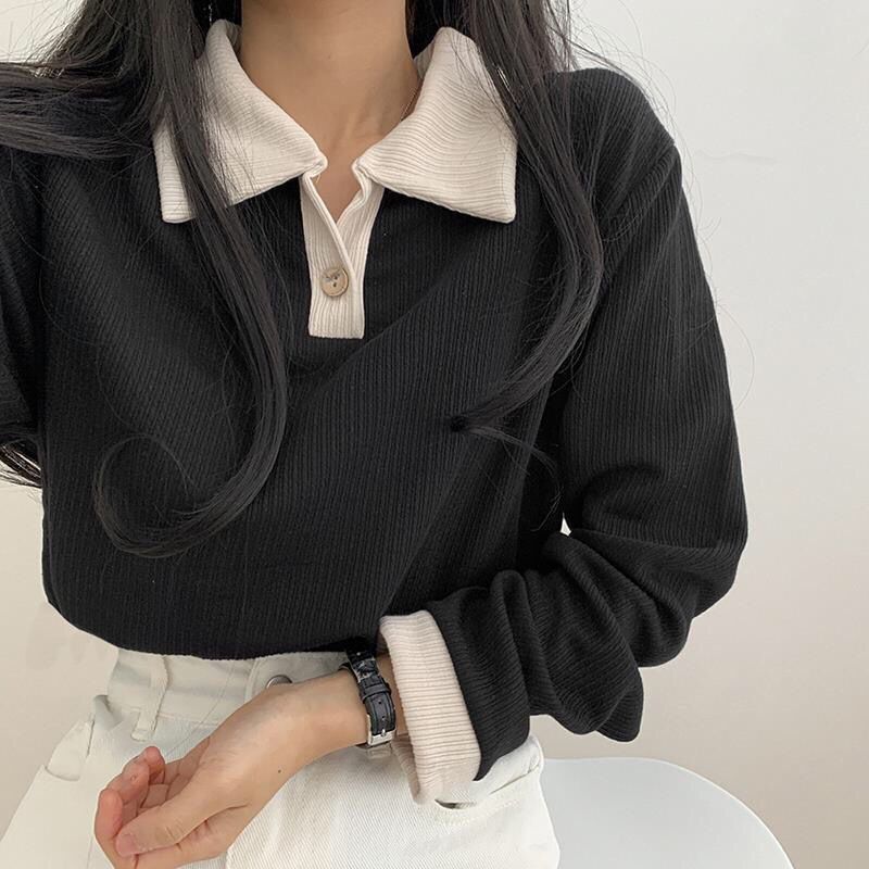 Patchwork Simple Design Turn Down Collar Sweatshirt