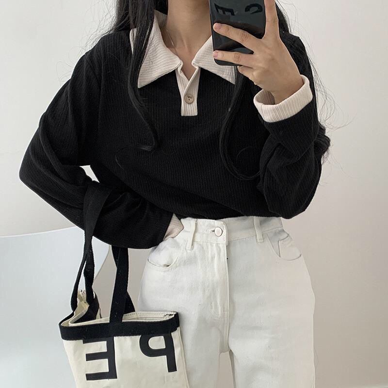 Patchwork Simple Design Turn Down Collar Sweatshirt