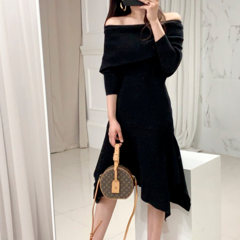 Vintage Sexy Slash Neck Long Sleeve Dress - Azahshopping