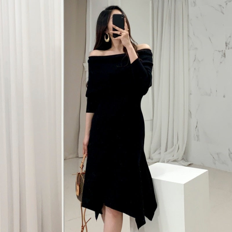 Vintage Sexy Slash Neck Long Sleeve Dress - Azahshopping