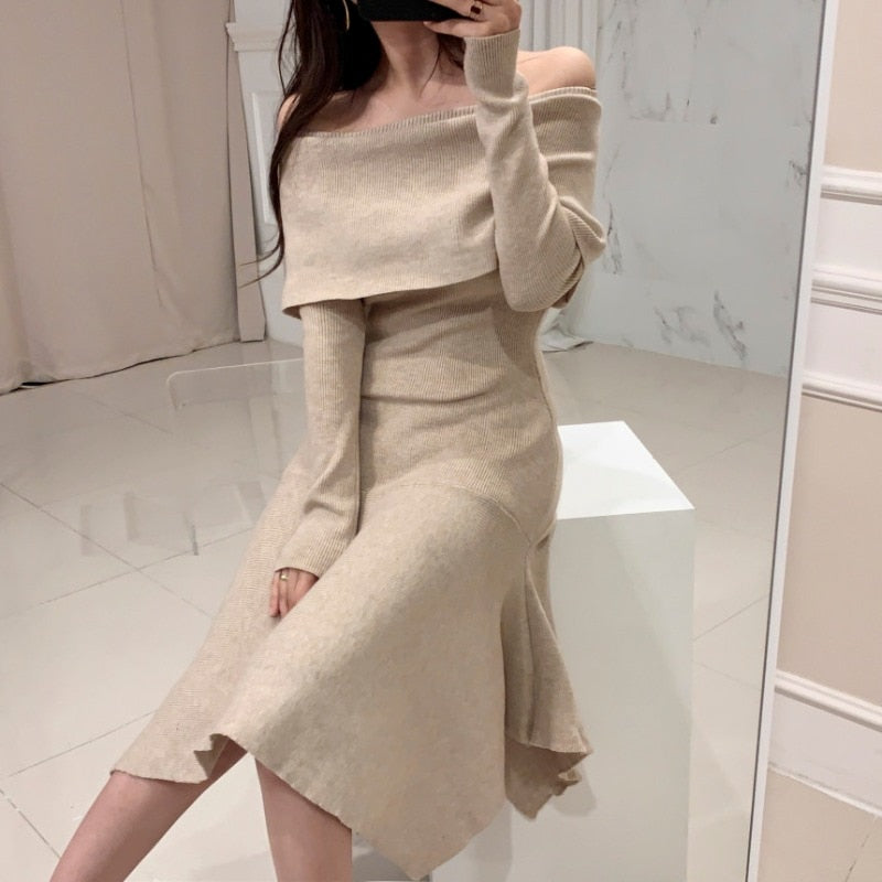 Vintage Sexy Slash Neck Long Sleeve Dress - Azahshopping
