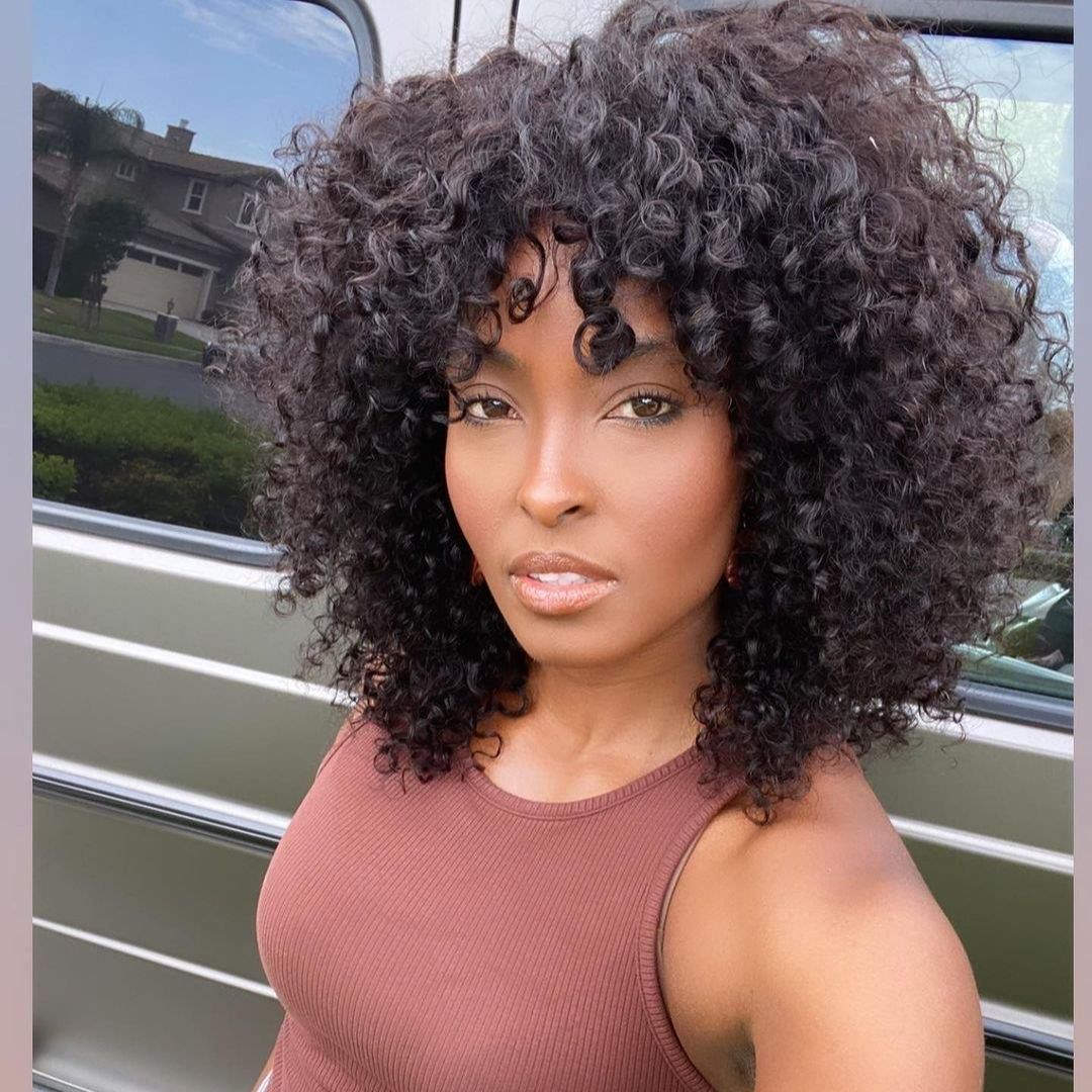 Kinky Curly Short Shoulder Length Wig Black Wig With Bangs For Black Women