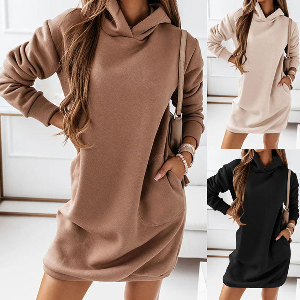 Vintage Pockets Loose Hooded Sweatshirt Long Sleeve Dress