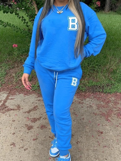 Round Neck Letter Print Tracksuit – Blue Two-Piece Set