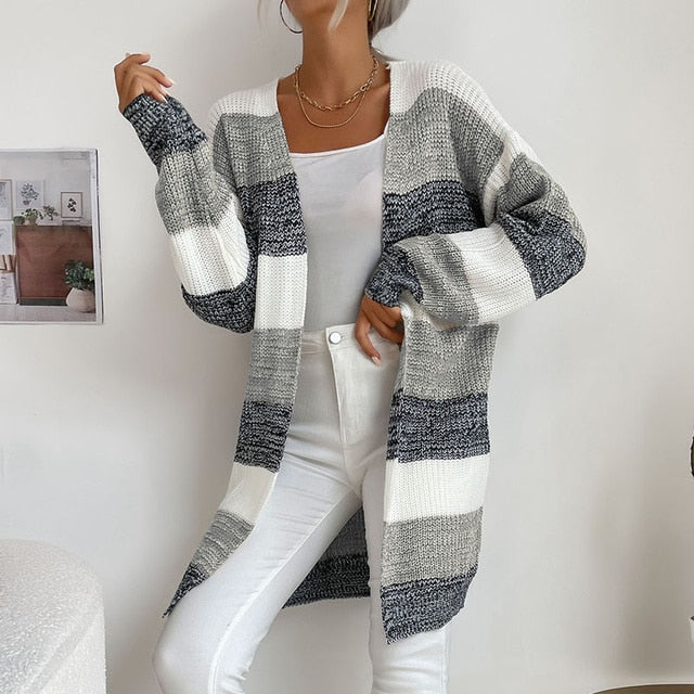 Women Knitted Cardigan Jacket Coat Striped Color - Azahshopping