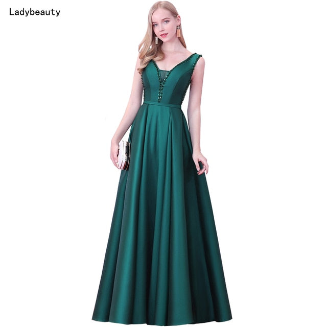 Red V Neck Beads Backless Long Evening Dress - Azahshopping