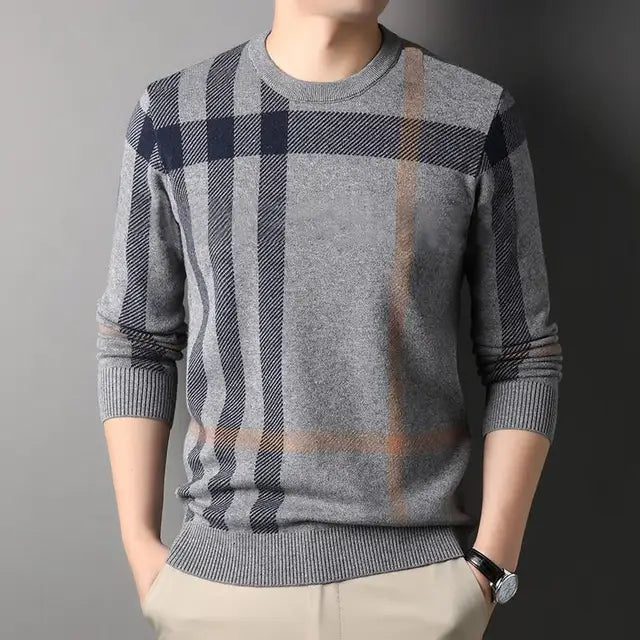 Men's Classic Plaid Wool Knit Sweater - Long Sleeve Pullover