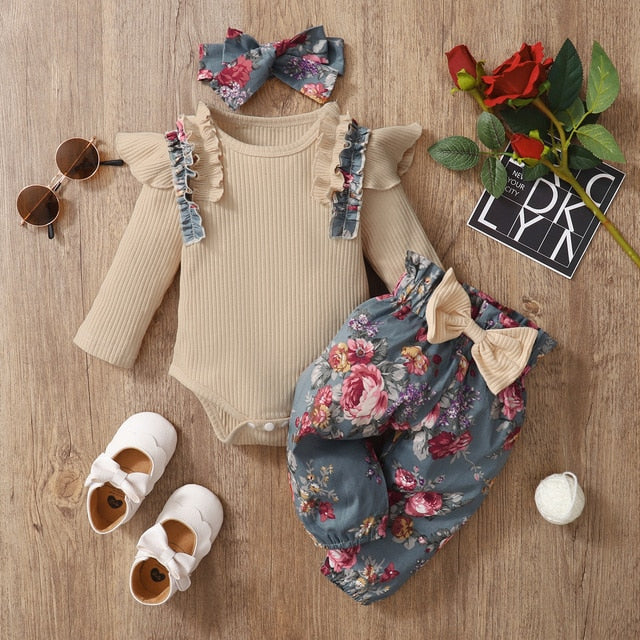 Ruffles Romper Top Bow Leopard Pants New Born Sets