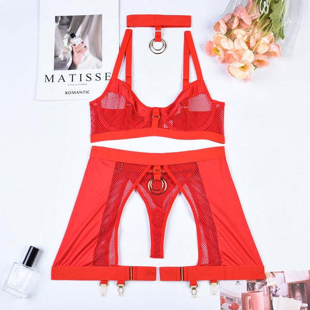 Mesh Bra Set with Ring Sexy Lingerie-4 Piece