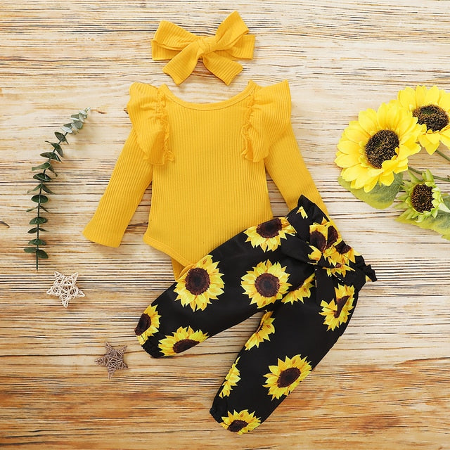 Ruffles Romper Top Bow Leopard Pants New Born Sets