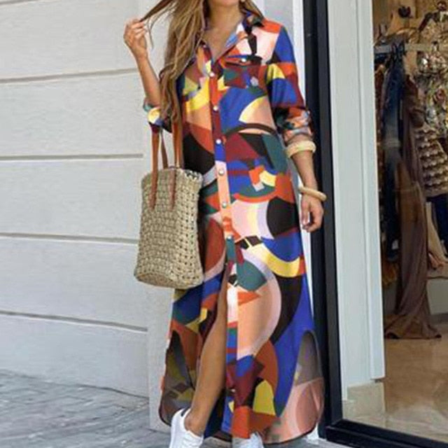 Long Sleeve Maxi Dresses Laides Turn-down Collar Shirt Dress