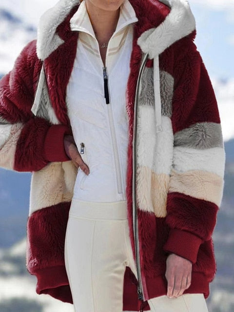 Hooded Warm Patchwork Color Zipper Pocket Jacket - Azahshopping