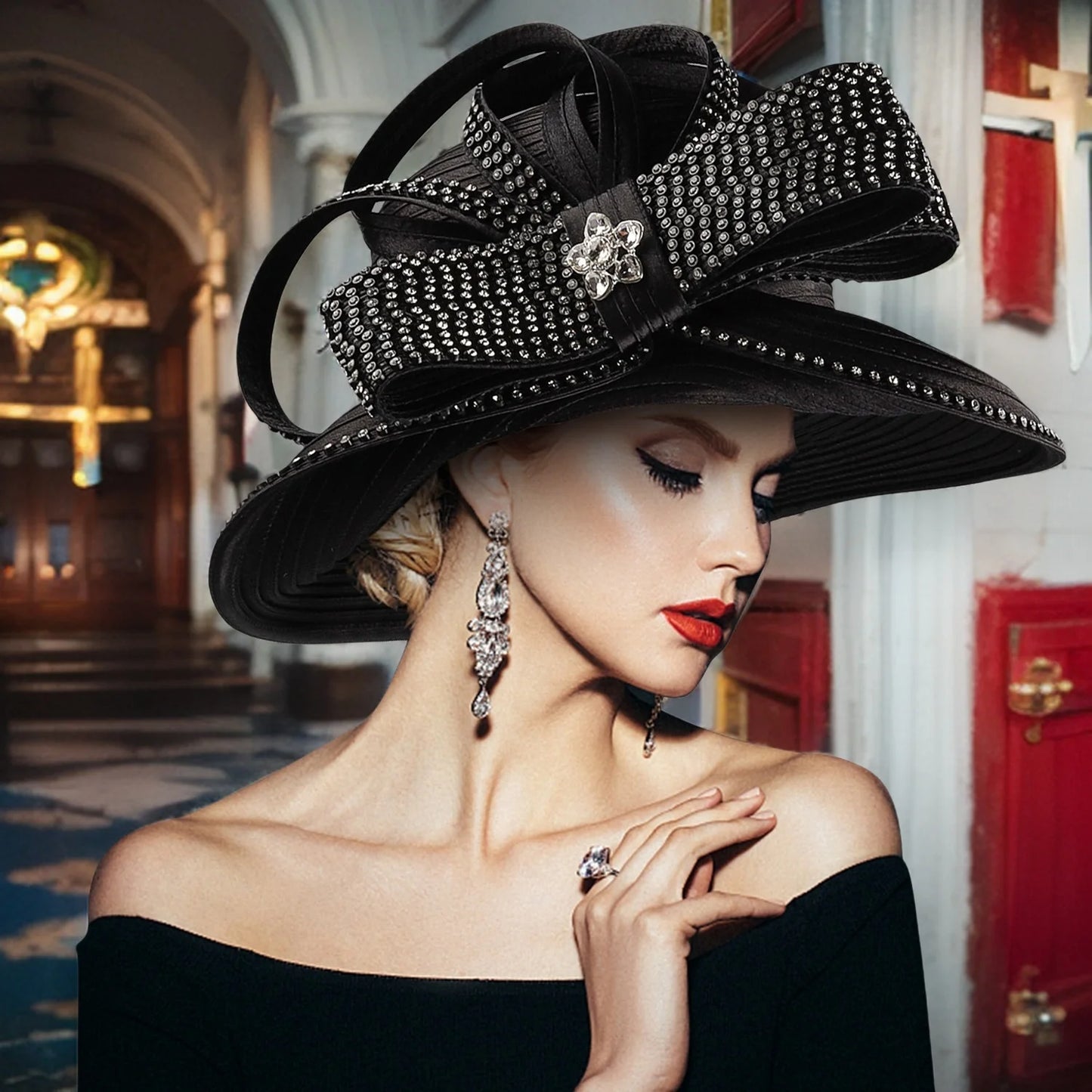 Premium Black Satin Church Hat | Fashion Flower Chain Wedding Top Hat