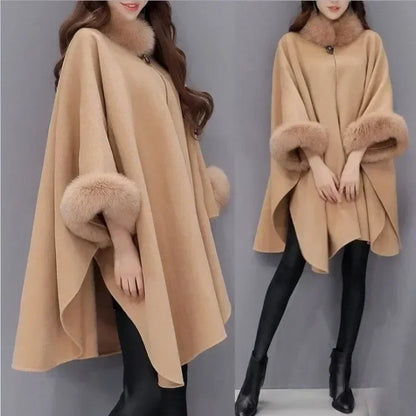 Mid-length Coat Cape Loose-fitting Pure Color Poncho Coat Travel Winter Fake Fur Coat for Women