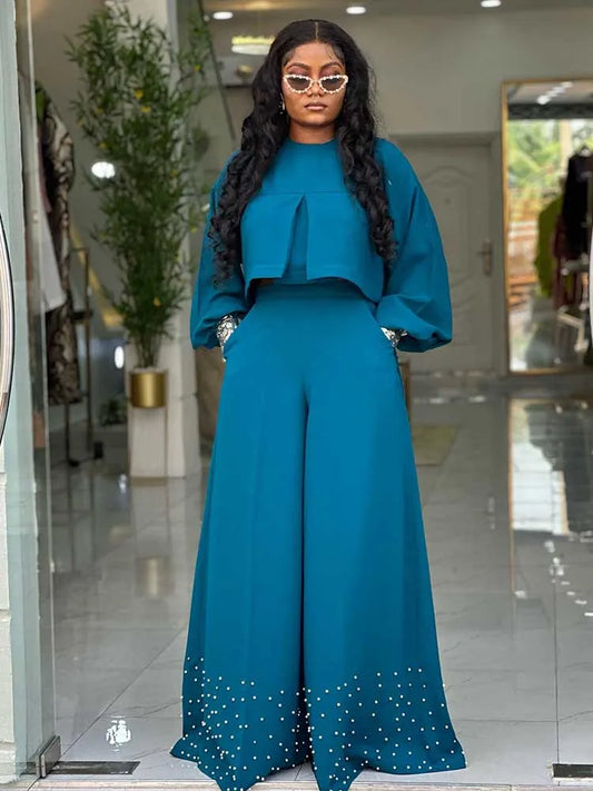 Spring Clothes for Women 2 Piece Sets Women Outfit Lantern Sleeves Suit with Wide Pants and Top High Quality Ladies Elegant Sets