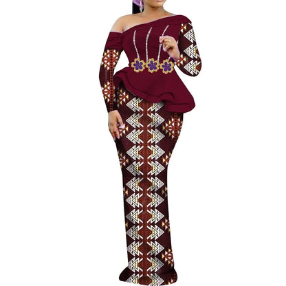 One Shoulder Long Sleeve Dashiki Print Peplum African Dress