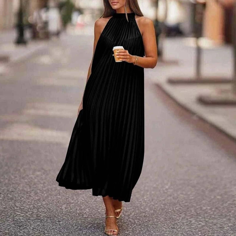 Lady Casual Loose Halter Pleated Maxi Dress Women Fashion Leaf Print Sleeveless Summer Beach Dress Elegant Halter Long Party Dress