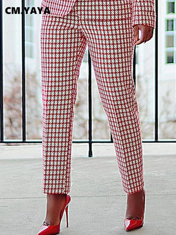 Elegant Houndstooth Blazer Suit and Pants Two 2Piece Set for Women Autumn Winter Classic OL Street Outfit Tracksuit