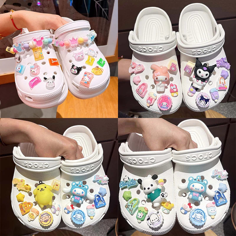 New Sanrio Kuromi LED Accessories Shoe, Charms Buckle Set Cartoon Cinnamoroll Melody Pochacco Kawaii DIY Charm Gift, 7-8Pcs/Set